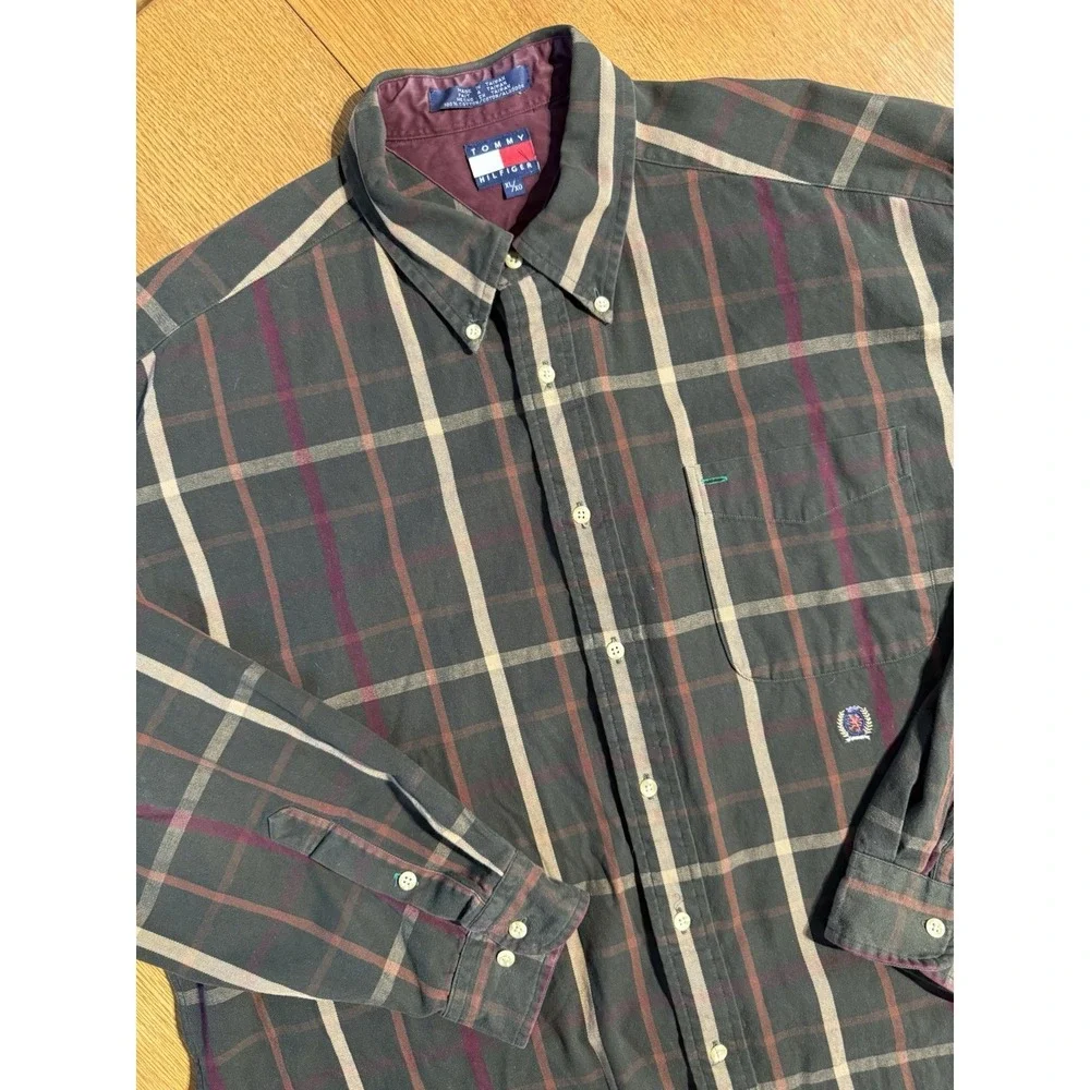 VINTAGE Tommy Hilfiger Shirt Mens XL Plaid Flannel Crest Logo‎ Button Down 90s